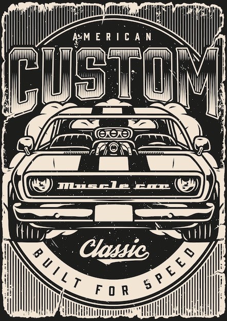 美式复古汽车插画海报线稿插画