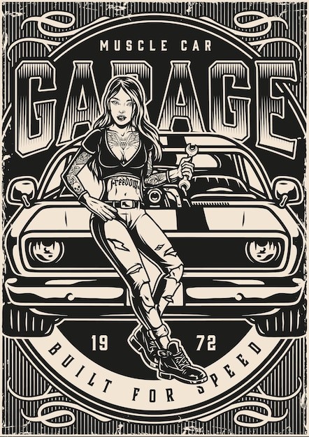 美式复古汽车插画海报线稿插画