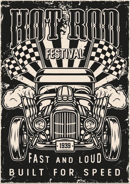 美式复古汽车插画海报线稿插画