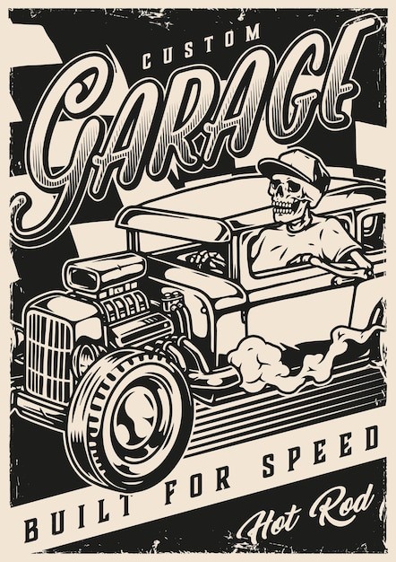 美式复古汽车插画海报线稿插画