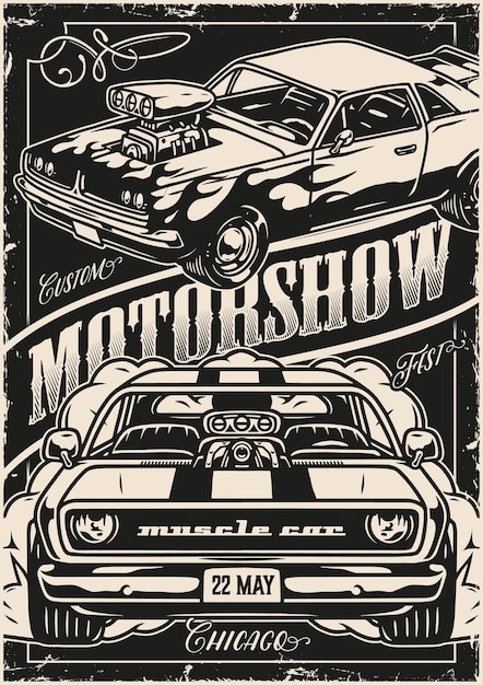 美式复古汽车插画海报线稿插画