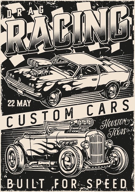 美式复古汽车插画海报线稿插画