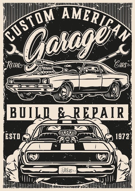 美式复古汽车插画海报线稿插画