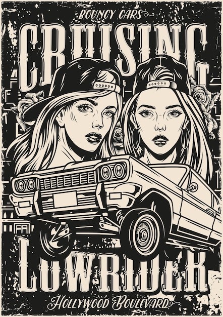 美式复古汽车插画海报线稿插画