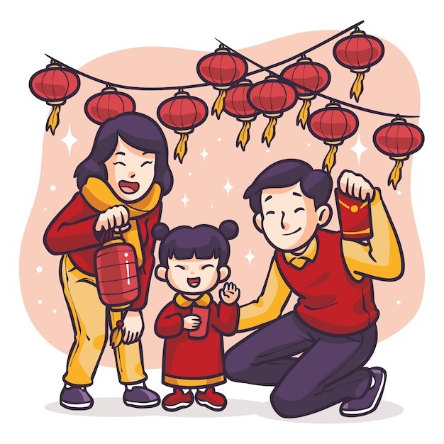 手绘新年春节中国家庭中国风插画