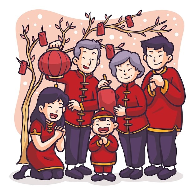 手绘新年春节中国家庭中国风插画