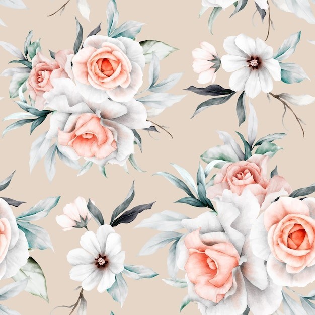 米色玫瑰花复古无缝重复平铺图案花纹