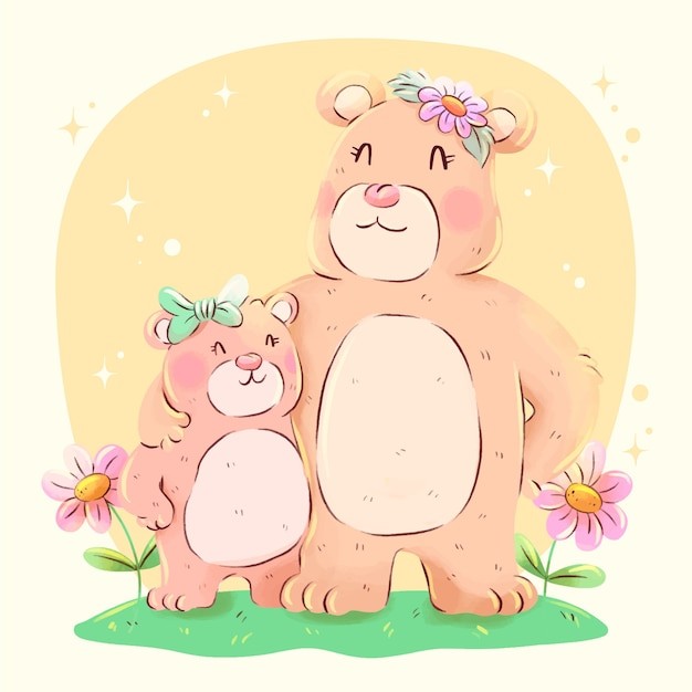 水彩熊母子动物插画