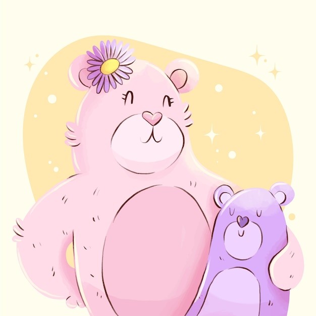 水彩熊母子动物插画