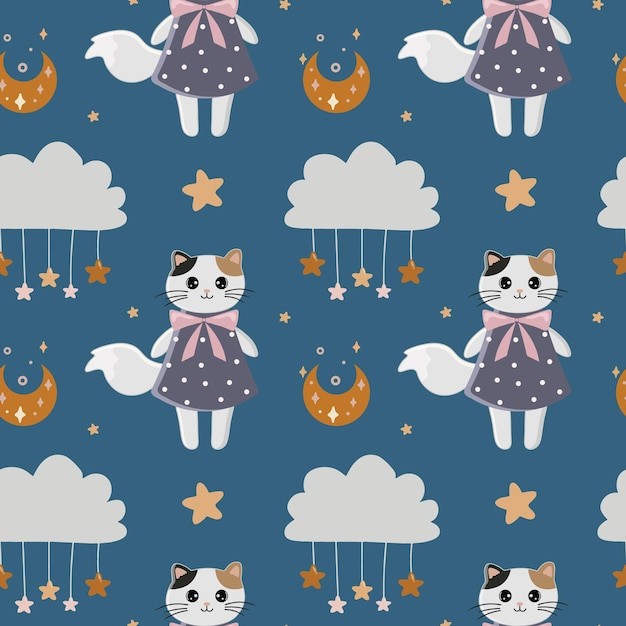 小猫月亮云朵无缝花纹