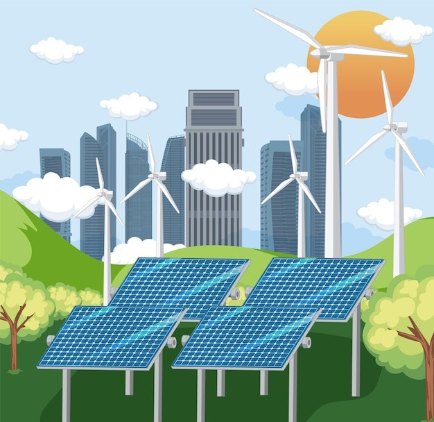 新能源清洁能源风力发电太阳能发电绿色城市插画