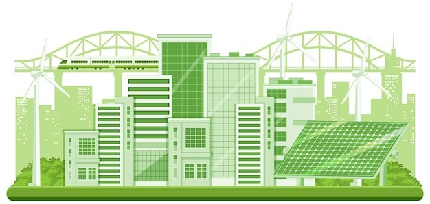 绿色城市清洁能源太阳能风能插画