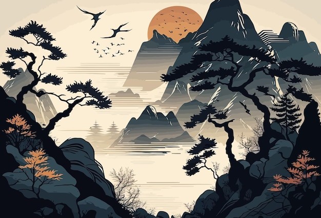 山风景水墨插画