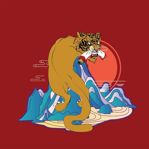 老虎中国风插画