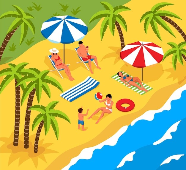 沙滩上休闲玩耍的人插画