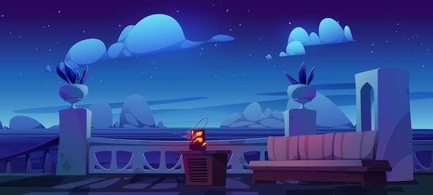 夜晚海边露台场景插画