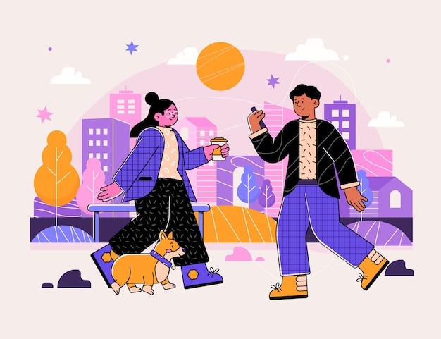 户外遛狗的人插画