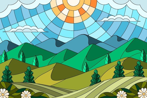 彩色玻璃风景插画