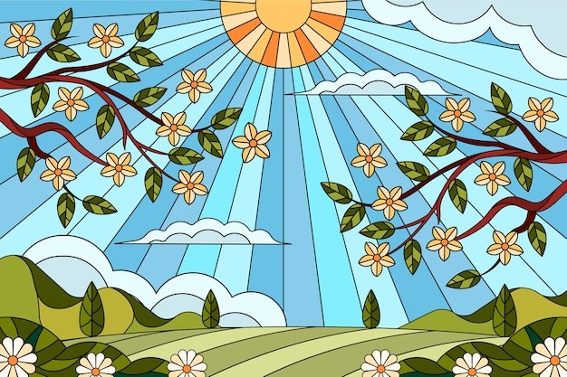 彩色玻璃风景插画