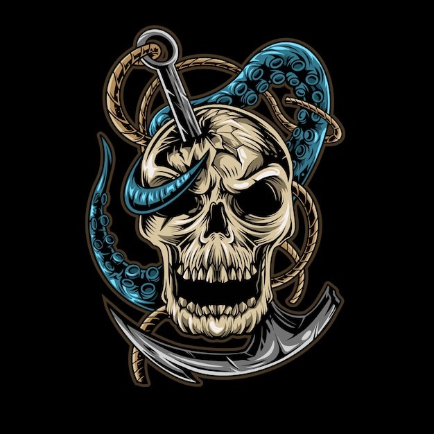 海盗船锚骷髅头骨插画