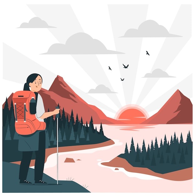 日出徒步远足旅行插画