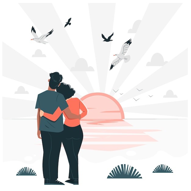 夫妻看日落插画