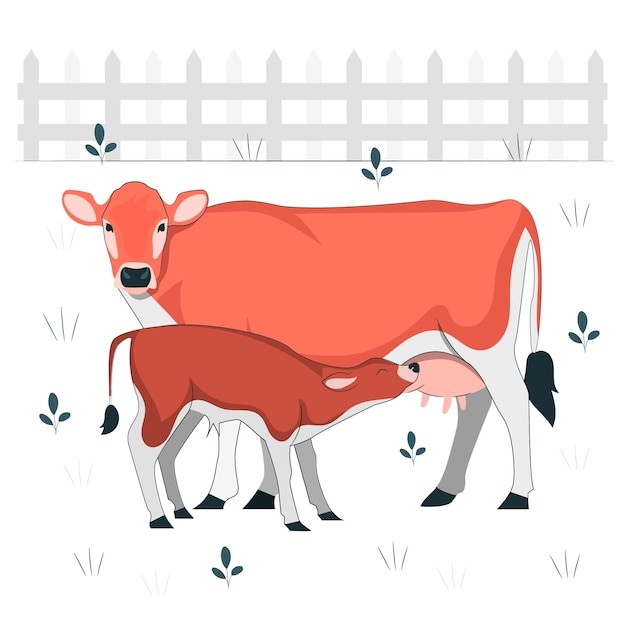 奶牛喂小牛扁平插画