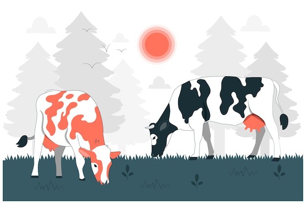 奶牛吃草扁平插画