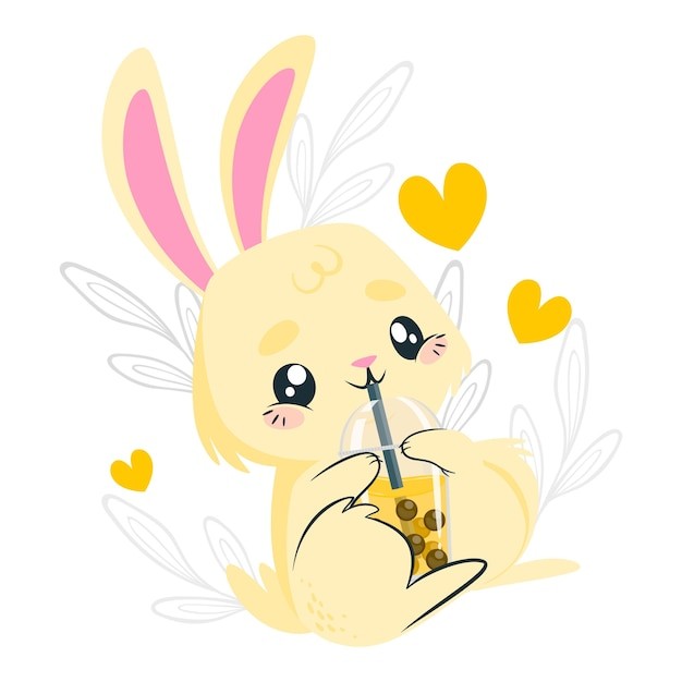 动物喝奶茶插画