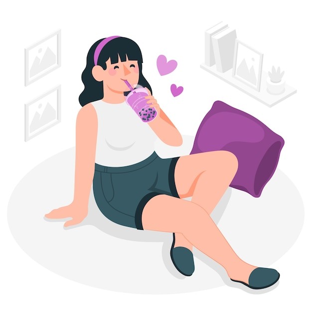 女孩喝奶茶插画