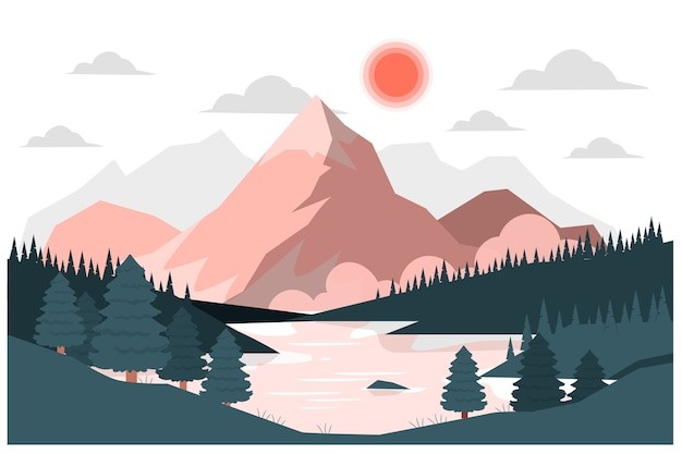 山谷中的湖景观风景插画