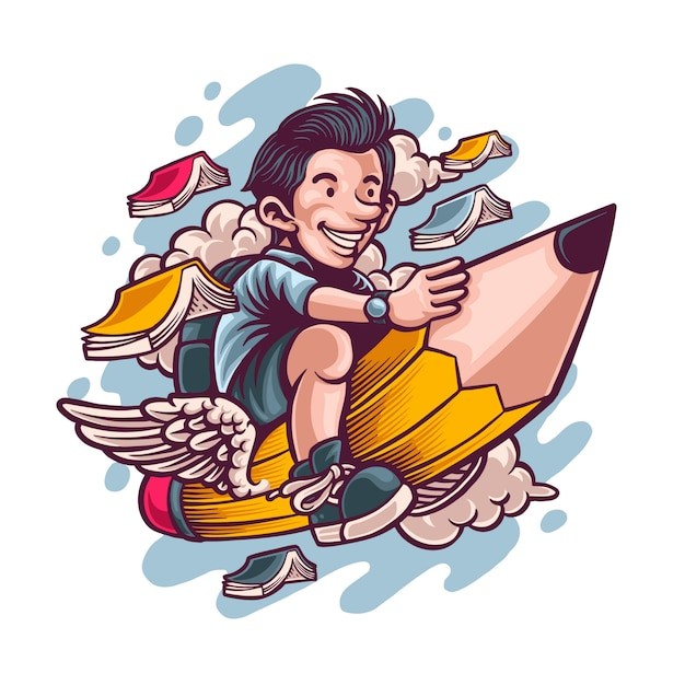 学生铅笔书飞翔插画