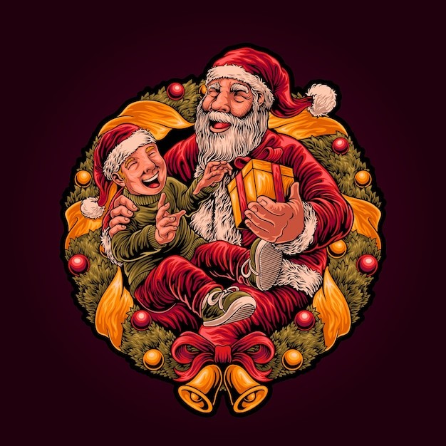 圣诞老人送礼物男孩插画