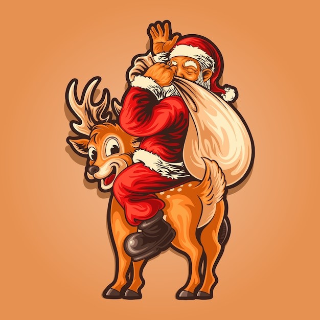 圣诞老人骑着驯鹿插画