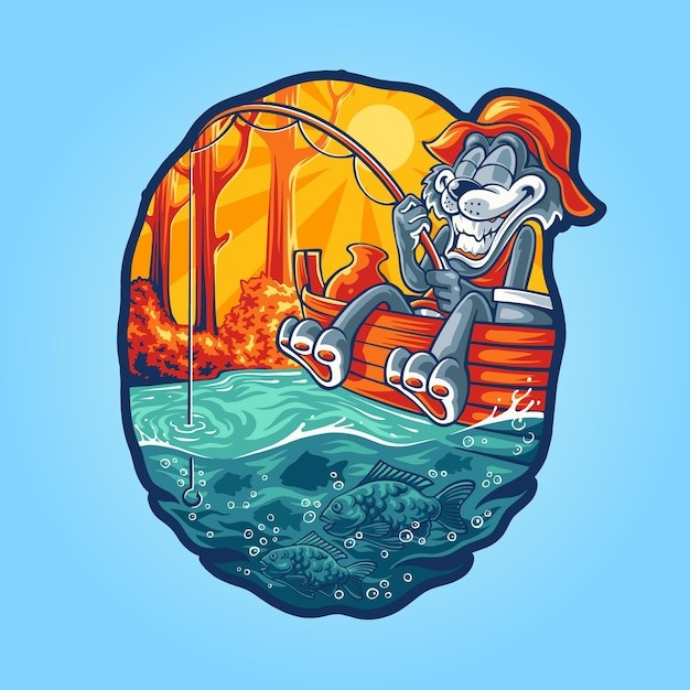 钓鱼的卡通猫插画