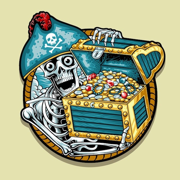 骷髅海盗与宝箱财宝插画