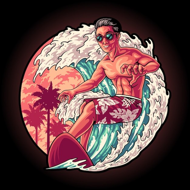 夏季冲浪的男人插画