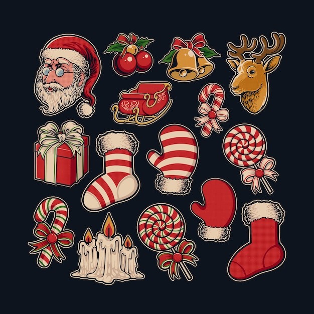 圣诞节元素合集礼物盒手套拐杖糖插画