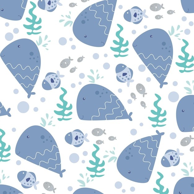 可爱的鲸鱼海底世界水草图案无缝平铺花纹背景