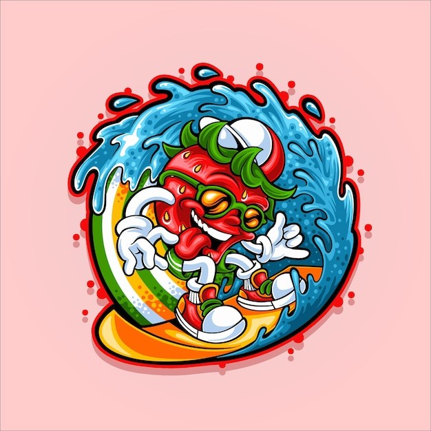 草莓吉祥物冲浪插画