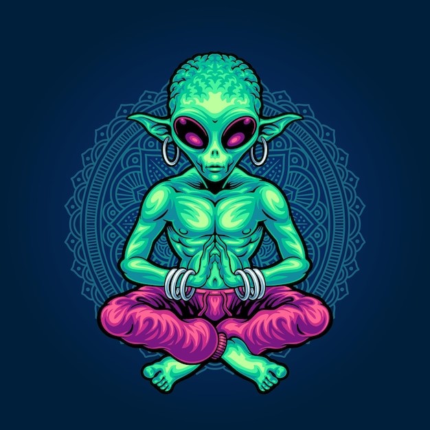 瑜伽冥想的外星人插画