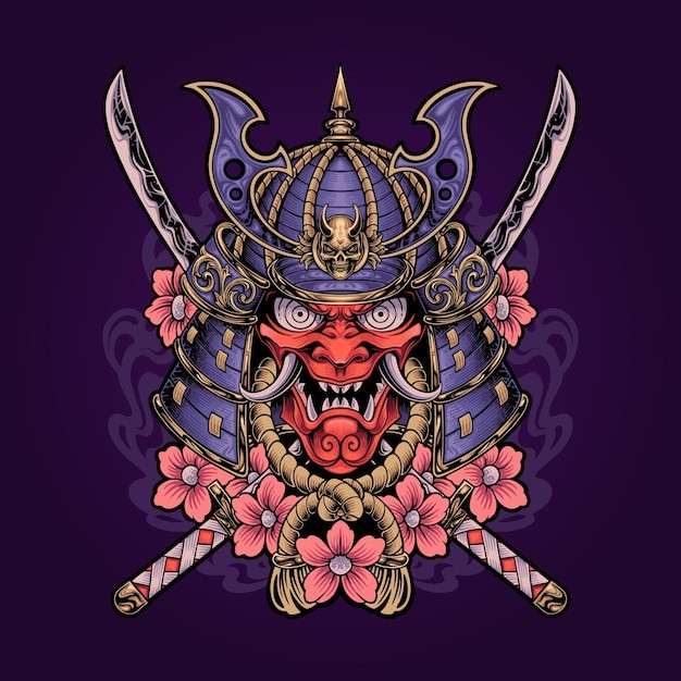 日本武士武将头盔面具插画