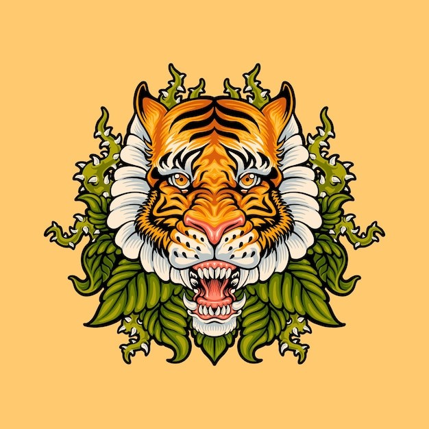 老虎植植物荆棘插画