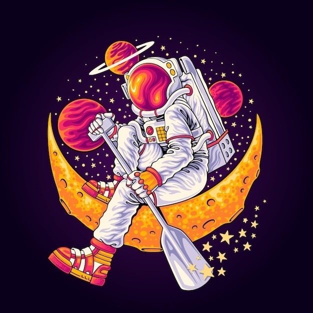 宇航员月亮划船插画