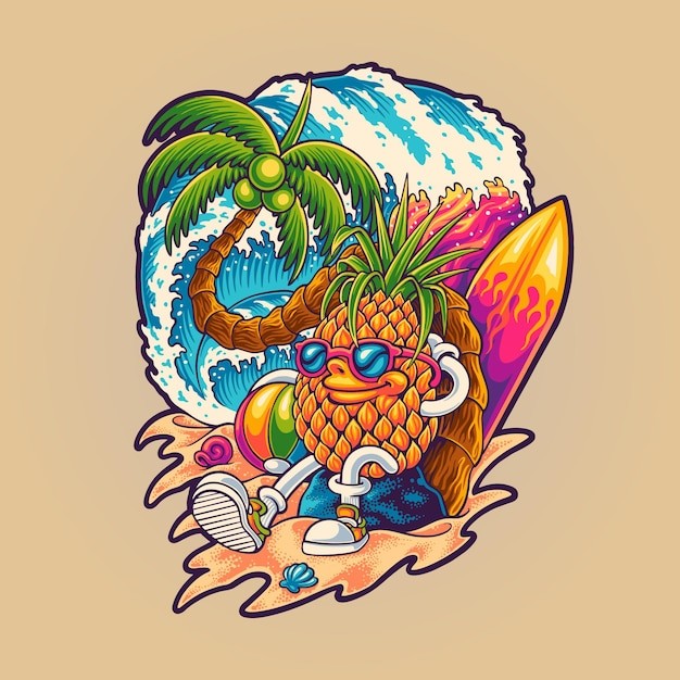 菠萝吉祥物形象夏日海边度假插画