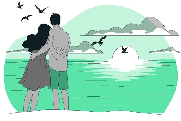 情侣夫妻大海落日概念插画