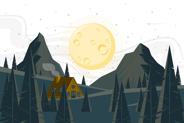 夜晚的风景林中小屋满月森林插画