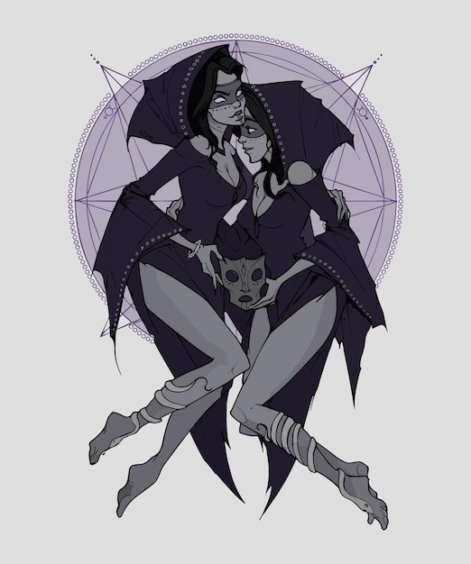 神秘双子女孩手绘插画