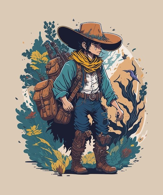 背包旅行探险远足精美卡通牛仔人物插画