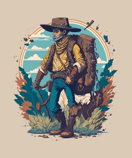 背包旅行探险远足精美卡通牛仔人物插画